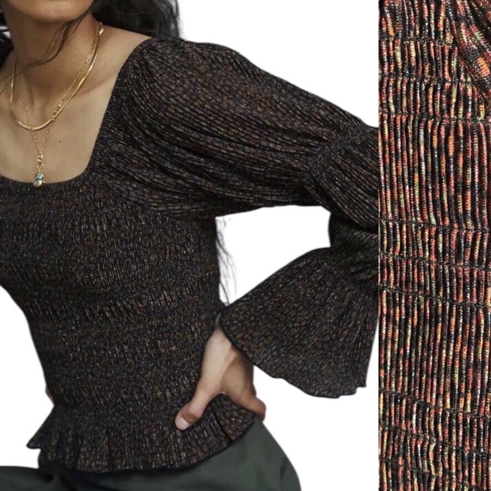 ANTHROPOLOGIE Brown Bishop Shimmer Smocked Square Neck Poet Sleeve Top Med